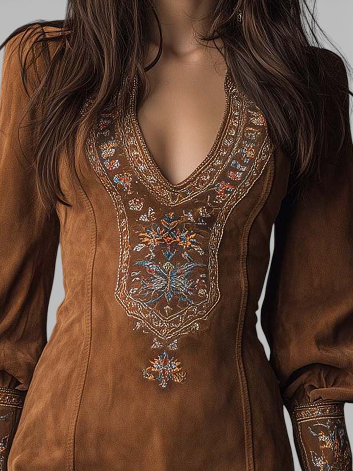 Lunori™ | Embroidered Mini Suede Dress