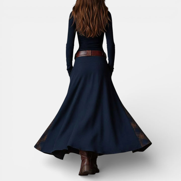 Leonora | Vintage Long Dress in Navy Blue Suede Check (Includes Belt)