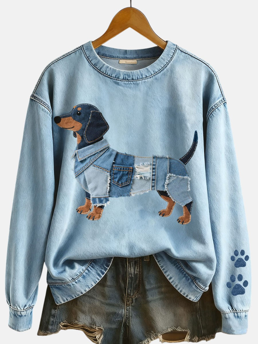 Sol - Women's Sweatshirt with Denim Patchwork and Dachshund Motif